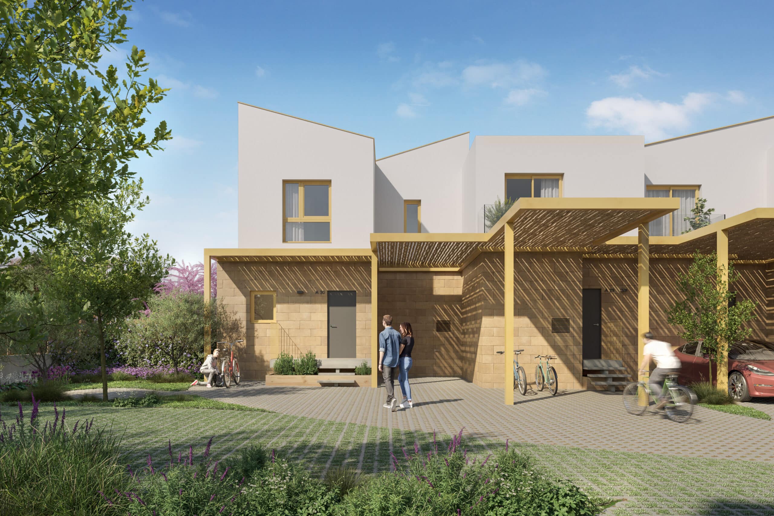 Stilfulle rekkehus omgitt av natur, med fokus på luksus og bærekraft.