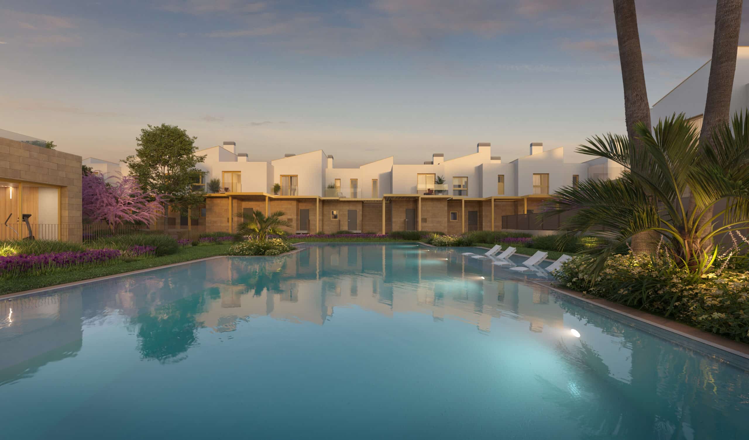 Stilfulle rekkehus omgitt av natur, med fokus på luksus og bærekraft.